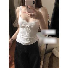 批发40支酷丝绵蕾丝拼接绑带吊带背心修身无袖打底上衣