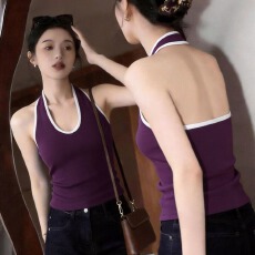 批发气质复古撞色针织挂脖背心外穿女2026夏季新款修身露背无袖小上衣