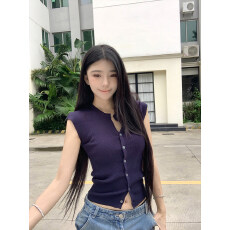 批发法式气质针织短袖t恤女2026夏季新款单排扣短款小飞袖短款上衣