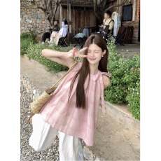 批发蝴蝶结绑带粉色无袖衬衫夏季女夏温柔法式绝美露肩娃娃<b class='q'>衣服</b>上衣