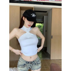 批发美式性感扭结挖肩挂脖吊带针织背心夏季纯欲显瘦辣妹百搭上衣女
