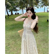 批发别致流苏镂空蕾丝吊带连衣裙女夏季2025新款中长款收腰洋气A字裙