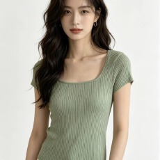 批发方领系带简约针织衫女夏季新款薄款露背修身短袖锁骨外穿<b class='q'>甜美</b>上衣