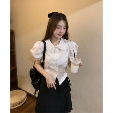 批发小个子白色短袖衬衫女夏季2026年新款泡泡袖法式衬衣修身短款上衣