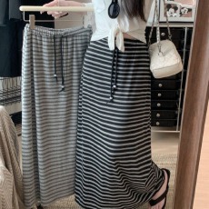 批发原版色织条面料 黑色条纹抽绳松紧腰半身裙女叉包臀裙子a字长裙