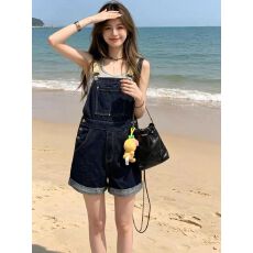 批发美式复古深蓝牛仔背带短裤<b class='q'>女</b>夏季宽松显瘦甜酷减龄百搭直筒连体<b class='q'>裤</b>