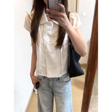 批发2026年夏季新款甜美慵懒娃娃领双排扣<b class='q'>条纹</b>衬衫女宽松显瘦文艺小衫