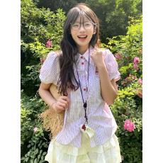 批发复古粉色甜美风<b class='q'>条纹</b>短袖衬衫女2026夏季新款百搭小个子学院分衬衣