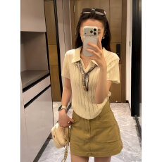 批发老钱风镂空气质设计感针织衫女夏薄款米白色Polo领百搭短袖上衣