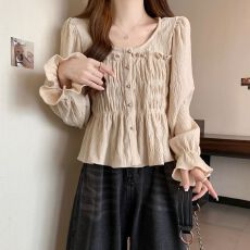 批发原版做工木耳边褶皱正肩u领<b class='q'>长袖</b><b class='q'>衬衫女</b>2026年春收腰短款上衣