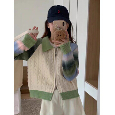 批发秋季新款彩条纹麻花毛衣外套女宽松<b class='q'>外</b><b class='q'>搭</b>短款针织<b class='q'>开衫</b>翻领上