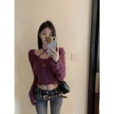 批发纯欲辣妹挂脖毛毛上衣女秋冬废土风镂空针织<b class='q'>打底衫</b>内搭水貂绒毛衣