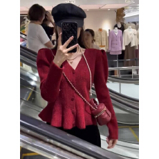 批发2026春装新品女式小香风法式荷叶边针织<b class='q'>开衫</b>泡泡袖<b class='q'>外</b><b class='q'>搭</b>毛衣外套潮