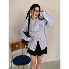 批发浅蓝色POLO领双头拉链衬衫女2026秋新款宽松<b class='q'>长袖</b><b class='q'>外</b>搭上衣