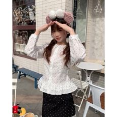 批发韩系减龄白色波点娃娃领<b class='q'>衬衫</b>女春秋季设计感下摆花边<b class='q'>衬衣</b>长袖上衣