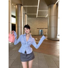 批发官图#雪纺四面弹女装设计感辣妹条纹POLO领<b class='q'>收腰</b>显瘦长袖衬衫