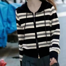 批发连帽拉链<b class='q'>开衫</b>外套女春秋装复古撞色条纹针织外套宽松百<b class='q'>搭</b><b class='q'>长袖</b>上衣