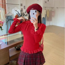 批发<b class='q'>北极</b><b class='q'>绒</b>设计感花瓣领系带针织打底衫女新款内搭毛衣木耳边上衣