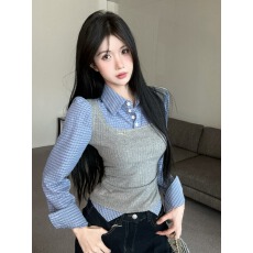 批发广州面料学院风假两件格子衬衫女秋<b class='q'>冬</b>洋气减龄上衣打底衫