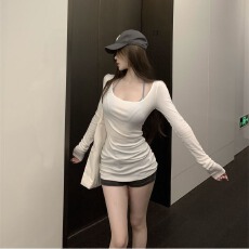 批发200克人棉+原版吊带 <b class='q'>韩版</b>紫色修身圆领长袖正肩T恤女显瘦打底衫