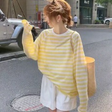 批发天丝超薄罗纹+索罗<b class='q'>纳</b> 撞色条纹薄纱防晒衣罩衫女夏季宽松薄款t恤