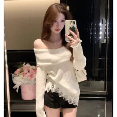 批发法式纯欲慵懒风不规则一字肩毛衣针织衫女<b class='q'>春</b>季设计感宽松气质上衣