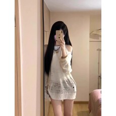 批发美式辣妹白色长袖挂脖镂空针织罩衫女2026<b class='q'>春</b>夏季宽松百搭防晒上衣