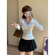 1×1螺纹德绒270克 甜辣妹白色蕾丝花边V领打底衫女纯欲内搭上衣