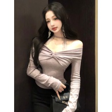 批发纯欲辣妹一字肩挂脖上衣女秋冬<b class='q'>蕾丝</b>假两件长袖t恤紫色<b class='q'>打底衫</b>内搭
