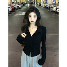 批发设计感褶皱长袖T恤秋<b class='q'>冬</b>季新款修身显瘦翻领纯欲风打底上衣女