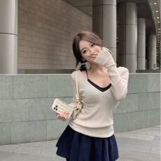 批发修身辣妹v领长袖内搭上衣打底衫针织衫<b class='q'>韩版</b>春夏季时尚外穿上衣女