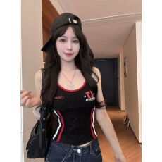 批发带胸垫 撞色辣妹<b class='q'>蕾丝</b>拼接纽扣修身<b class='q'>吊带</b><b class='q'>背心</b>女美式修身上衣