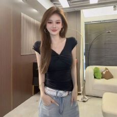 批发莫代尔260克人棉原版做法 夏季纯欲风扭结V领<b class='q'>修身</b>短袖T恤<b class='q'>女</b>上衣