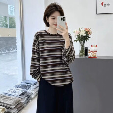 批发复古条纹长袖T恤女2026秋季大码胖MM圆领<b class='q'>宽松</b><b class='q'>打底衫</b>百搭显瘦上衣