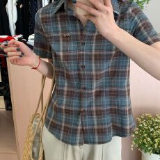 批发美式复古条纹格子衬衫女装短袖夏季宽松百搭休闲<b class='q'>修身</b>衬衣<b class='q'>外套</b>上衣