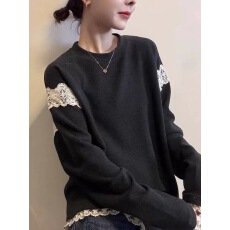 批发2025冬季新款女<b class='q'>蕾丝</b>拼接圆领中长T恤欧洲站设计感显瘦百搭<b class='q'>打底衫</b>