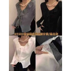 2025韩版时尚显瘦百搭V领蕾丝拼接长袖加绒弹性棉女修身显瘦上衣