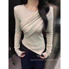 批发韩版褶皱不规则设计感长袖上衣女修身显瘦交叉领<b class='q'>打底衫</b>秋冬T恤