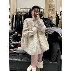 批发2025冬季高领宽松长袖针织衫毛衣仿羊羔毛马甲毛毛上衣两件套装女