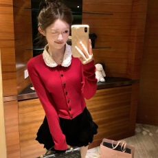 Acaine12/9 20:00 95折款日系甜心 系带毛领波点针织内搭上衣