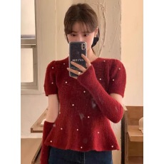 批发<b class='q'>胖妹妹</b>2024秋冬宽松短袖圆领拼接袖套珍珠针织衫毛衣女