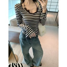 批发长袖条纹蕾丝拼接假两件设计小衫