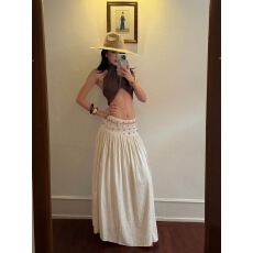 批发波嬉度假米白色A字半身裙女<b class='q'>秋</b>季薄款裙子假日复古低腰长裙