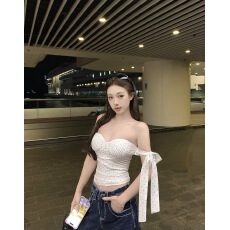 批发板栗可可Bankelil波尔卡千金亚麻波点带胸垫绑带收腰抹胸上衣女夏