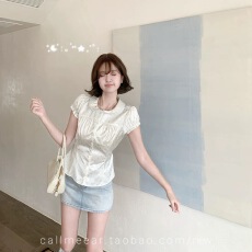 批发CallmeEar//波点舞曲娃娃领短袖缎面<b class='q'>衬衫</b>女春夏收腰显瘦上衣