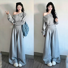 批发设计感斜肩卫衣<b class='q'>套装</b>女春季时尚显瘦宽松<b class='q'>韩版</b>学生休闲运动两件套