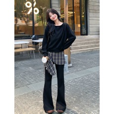 批发大码女春季新款胖mm法式洋气减龄露肩卫衣<b class='q'>格子</b>拼接微喇<b class='q'>裤</b>两件套装