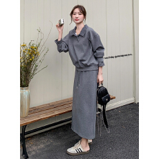 批发春季韩系穿搭一整套女2026灰色假两件卫衣半身裙时尚休闲两件套装