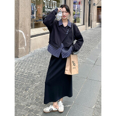 批发藏青色假两件条纹拼接衬衫套装女2026春韩系气质休闲半身裙两件套