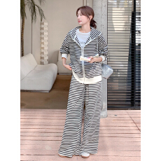批发韩系慵懒风条纹休闲<b class='q'>运动</b>套装女2026春季<b class='q'>新款</b>连帽卫衣阔腿裤两件套